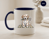 Cute Puppy Coffee Mug, Fluffy Dog Holding Daisies on a Gingham Blanket, Birthday Gift for a Dog Mom or Animal Lover Who Enjoys Cottage Style
