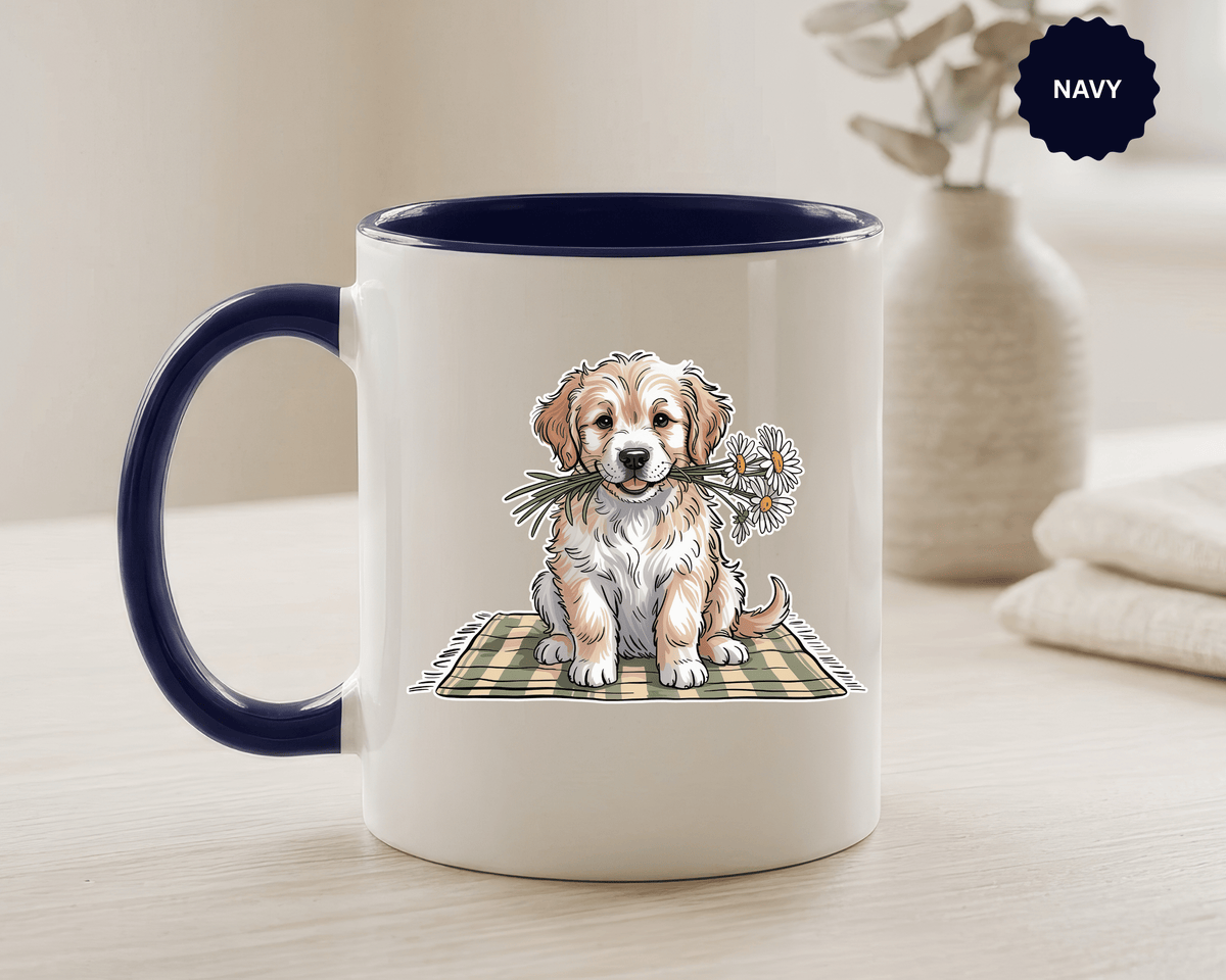 Cute Puppy Coffee Mug, Fluffy Dog Holding Daisies on a Gingham Blanket, Birthday Gift for a Dog Mom or Animal Lover Who Enjoys Cottage Style