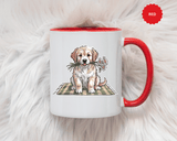 Cute Puppy Coffee Mug, Fluffy Dog Holding Daisies on a Gingham Blanket, Birthday Gift for a Dog Mom or Animal Lover Who Enjoys Cottage Style