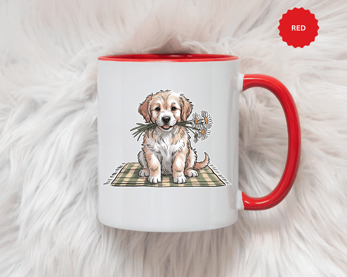 Cute Puppy Coffee Mug, Fluffy Dog Holding Daisies on a Gingham Blanket, Birthday Gift for a Dog Mom or Animal Lover Who Enjoys Cottage Style