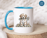 Cute Puppy Coffee Mug, Fluffy Dog Holding Daisies on a Gingham Blanket, Birthday Gift for a Dog Mom or Animal Lover Who Enjoys Cottage Style