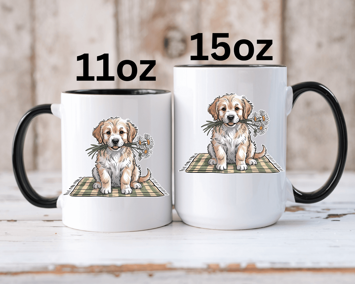 Cute Puppy Coffee Mug, Fluffy Dog Holding Daisies on a Gingham Blanket, Birthday Gift for a Dog Mom or Animal Lover Who Enjoys Cottage Style