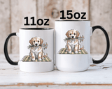 Cute Puppy Coffee Mug, Fluffy Dog Holding Daisies on a Gingham Blanket, Birthday Gift for a Dog Mom or Animal Lover Who Enjoys Cottage Style