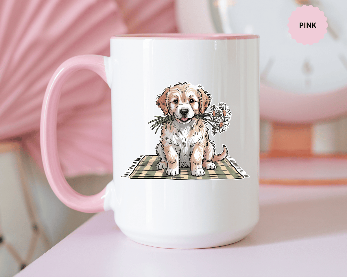 Cute Puppy Coffee Mug, Fluffy Dog Holding Daisies on a Gingham Blanket, Birthday Gift for a Dog Mom or Animal Lover Who Enjoys Cottage Style