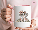 Cute Puppy Coffee Mug, Fluffy Dog Holding Daisies on a Gingham Blanket, Birthday Gift for a Dog Mom or Animal Lover Who Enjoys Cottage Style