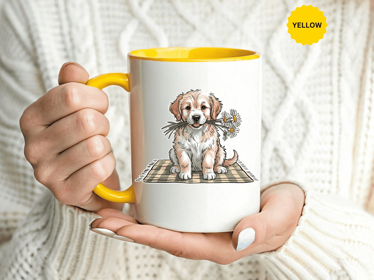 Cute Puppy Coffee Mug, Fluffy Dog Holding Daisies on a Gingham Blanket, Birthday Gift for a Dog Mom or Animal Lover Who Enjoys Cottage Style