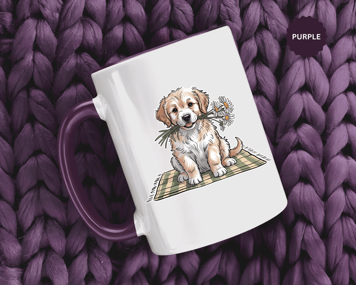 Cute Puppy Coffee Mug, Fluffy Dog Holding Daisies on a Gingham Blanket, Birthday Gift for a Dog Mom or Animal Lover Who Enjoys Cottage Style