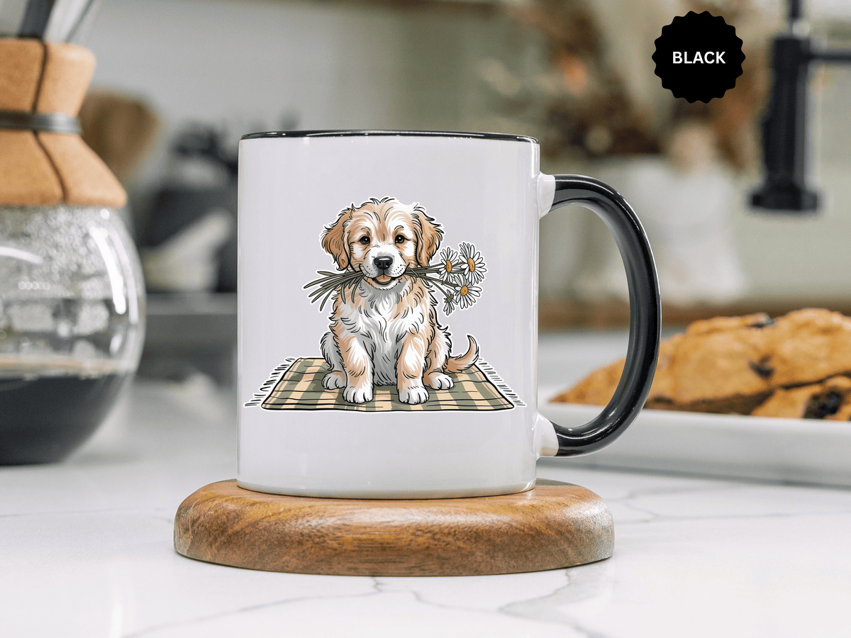 Cute Puppy Coffee Mug, Fluffy Dog Holding Daisies on a Gingham Blanket, Birthday Gift for a Dog Mom or Animal Lover Who Enjoys Cottage Style