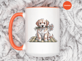 Cute Puppy Coffee Mug, Fluffy Dog Holding Daisies on a Gingham Blanket, Birthday Gift for a Dog Mom or Animal Lover Who Enjoys Cottage Style