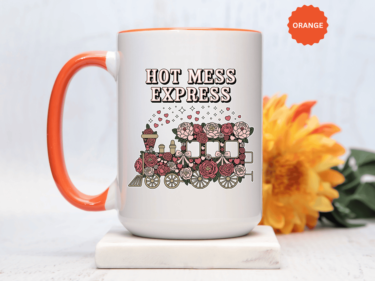 Hot Mess Express Coffee Mug, Pink Floral Train with Bows and Hearts, Funny Birthday Gift for a Busy Mom or Best Friend's Daily Coffee Break