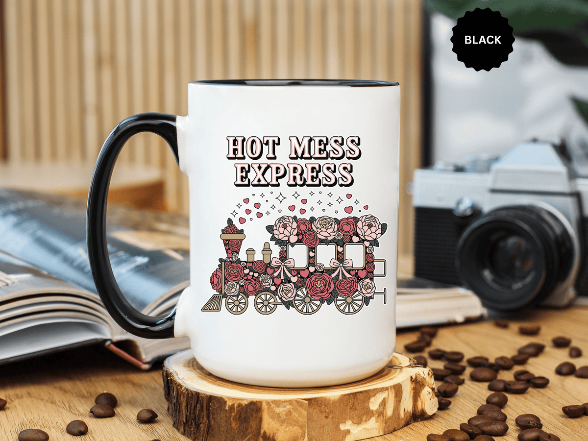 Hot Mess Express Coffee Mug, Pink Floral Train with Bows and Hearts, Funny Birthday Gift for a Busy Mom or Best Friend's Daily Coffee Break