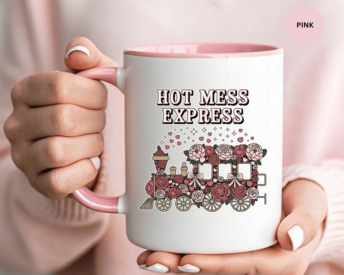 Hot Mess Express Coffee Mug, Pink Floral Train with Bows and Hearts, Funny Birthday Gift for a Busy Mom or Best Friend's Daily Coffee Break