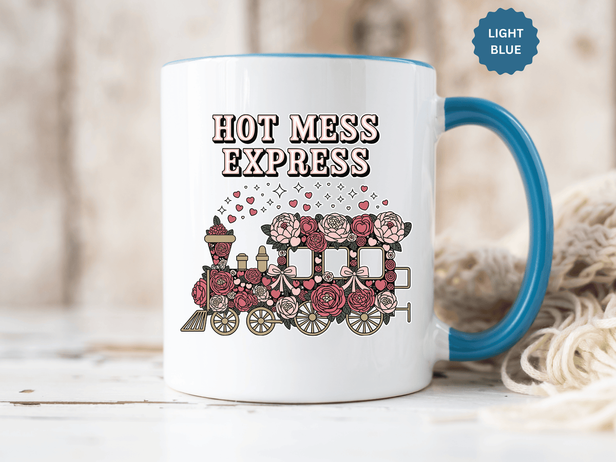 Hot Mess Express Coffee Mug, Pink Floral Train with Bows and Hearts, Funny Birthday Gift for a Busy Mom or Best Friend's Daily Coffee Break