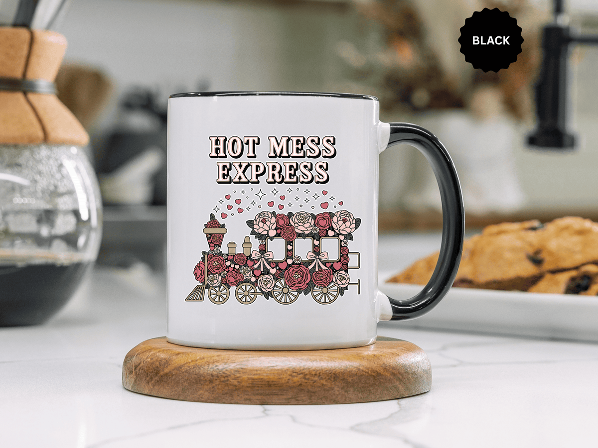 Hot Mess Express Coffee Mug, Pink Floral Train with Bows and Hearts, Funny Birthday Gift for a Busy Mom or Best Friend's Daily Coffee Break