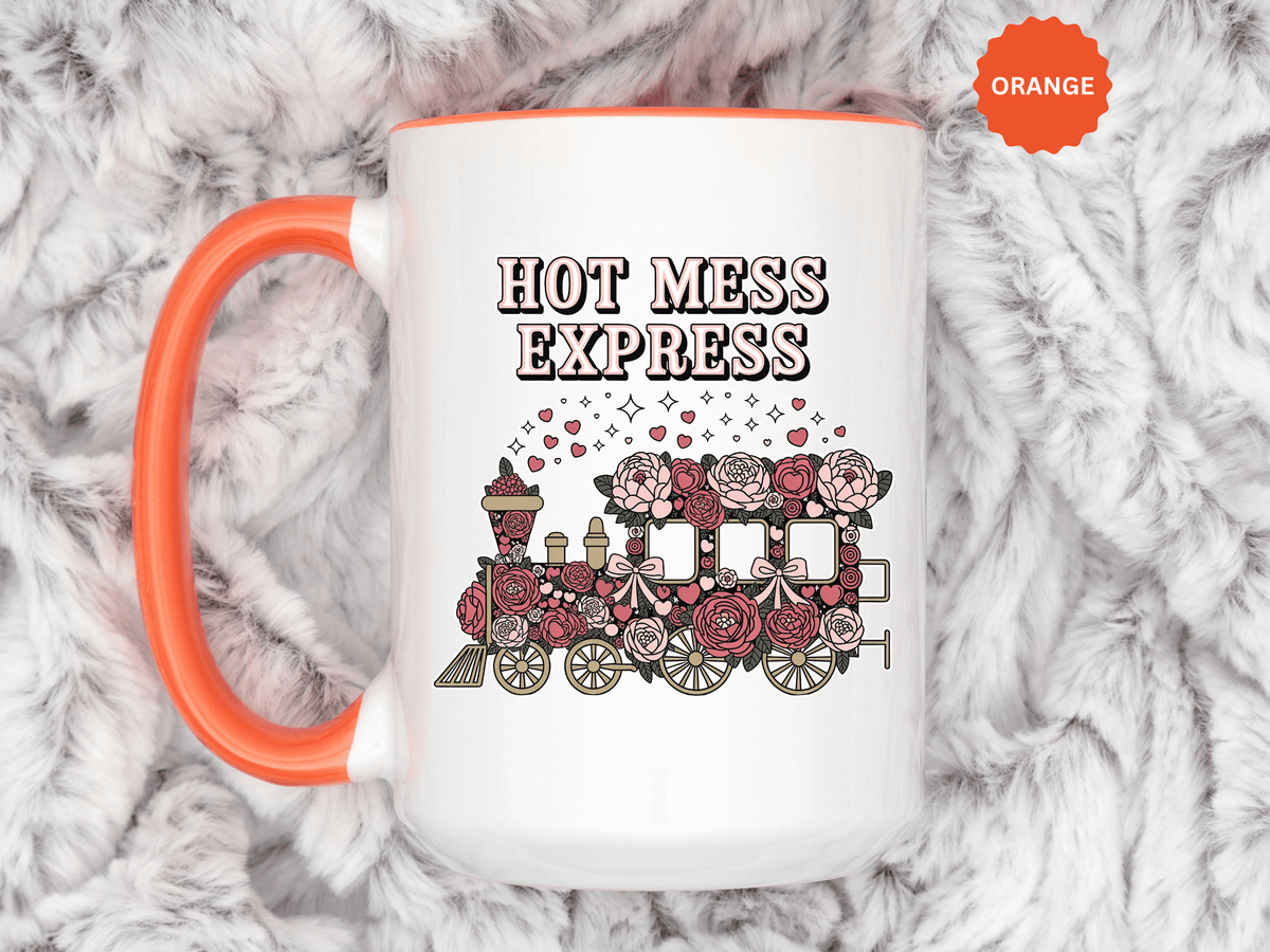 Hot Mess Express Coffee Mug, Pink Floral Train with Bows and Hearts, Funny Birthday Gift for a Busy Mom or Best Friend's Daily Coffee Break