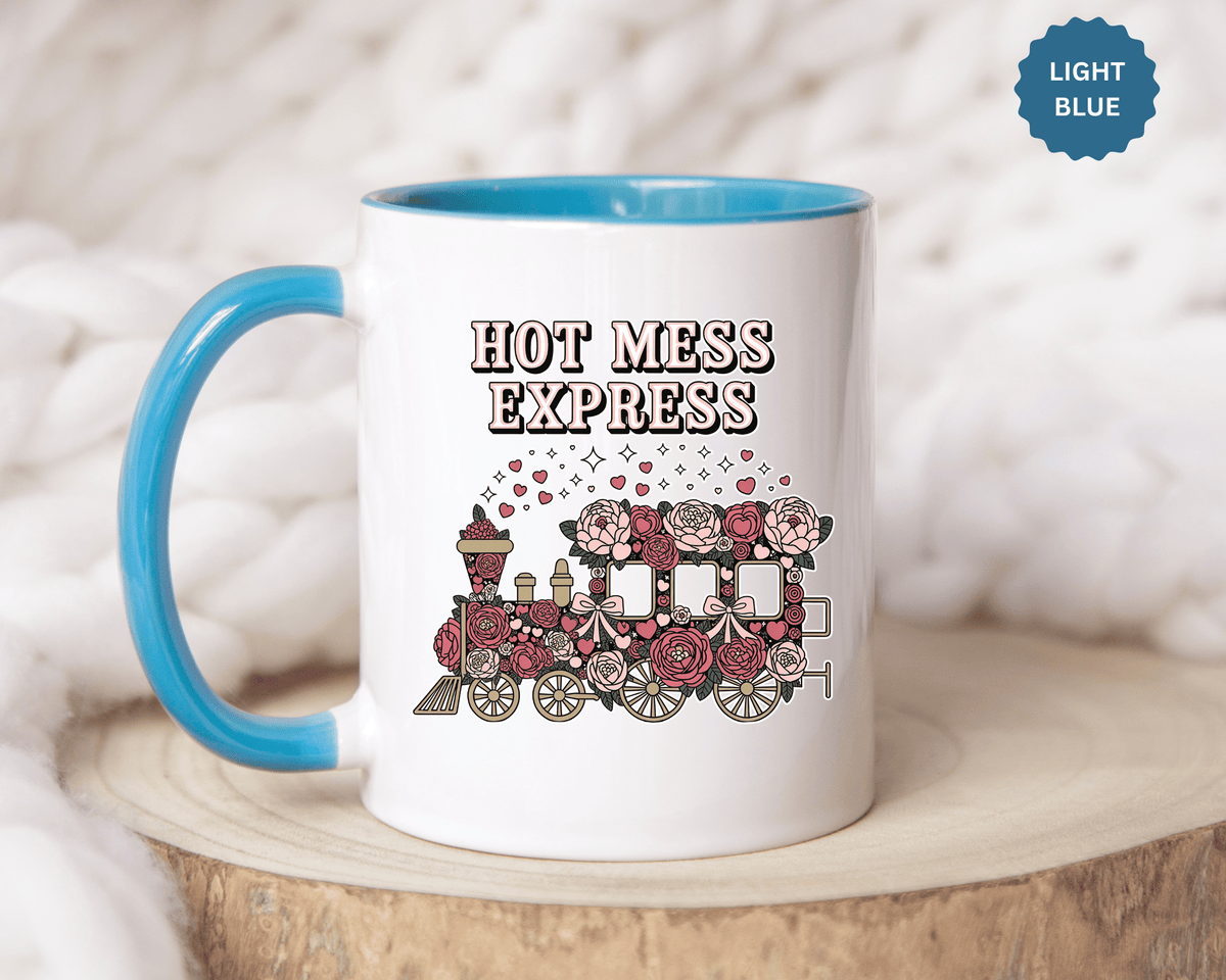 Hot Mess Express Coffee Mug, Pink Floral Train with Bows and Hearts, Funny Birthday Gift for a Busy Mom or Best Friend's Daily Coffee Break