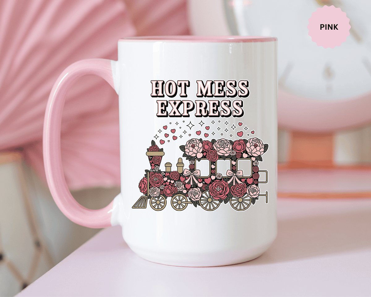 Hot Mess Express Coffee Mug, Pink Floral Train with Bows and Hearts, Funny Birthday Gift for a Busy Mom or Best Friend's Daily Coffee Break