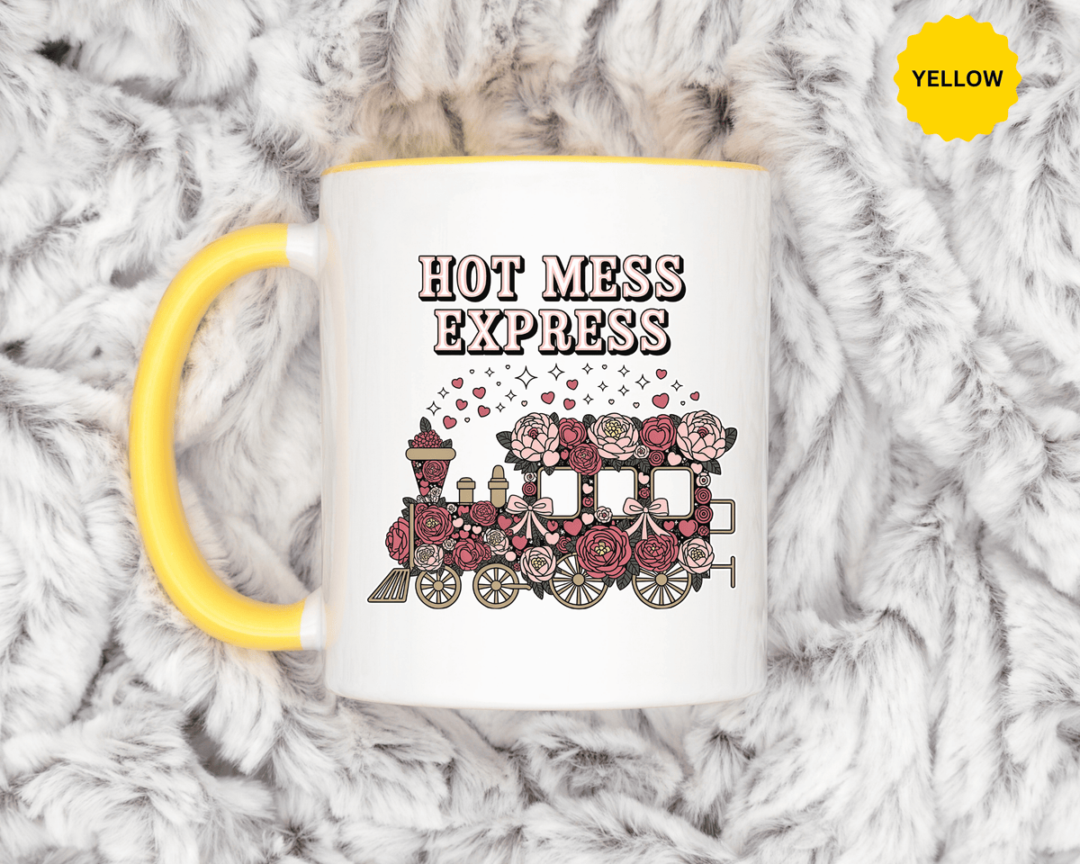 Hot Mess Express Coffee Mug, Pink Floral Train with Bows and Hearts, Funny Birthday Gift for a Busy Mom or Best Friend's Daily Coffee Break