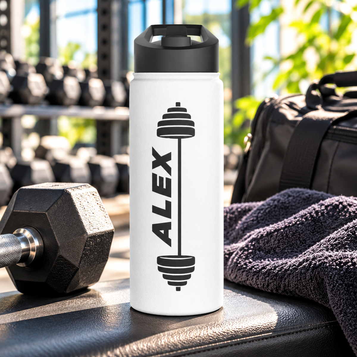 A white stainless steel water bottle with a black flip-top lid, printed with a black barbell with stacked plates at each end running down the side, beside the sample name "ALEX" in bold black capitals.