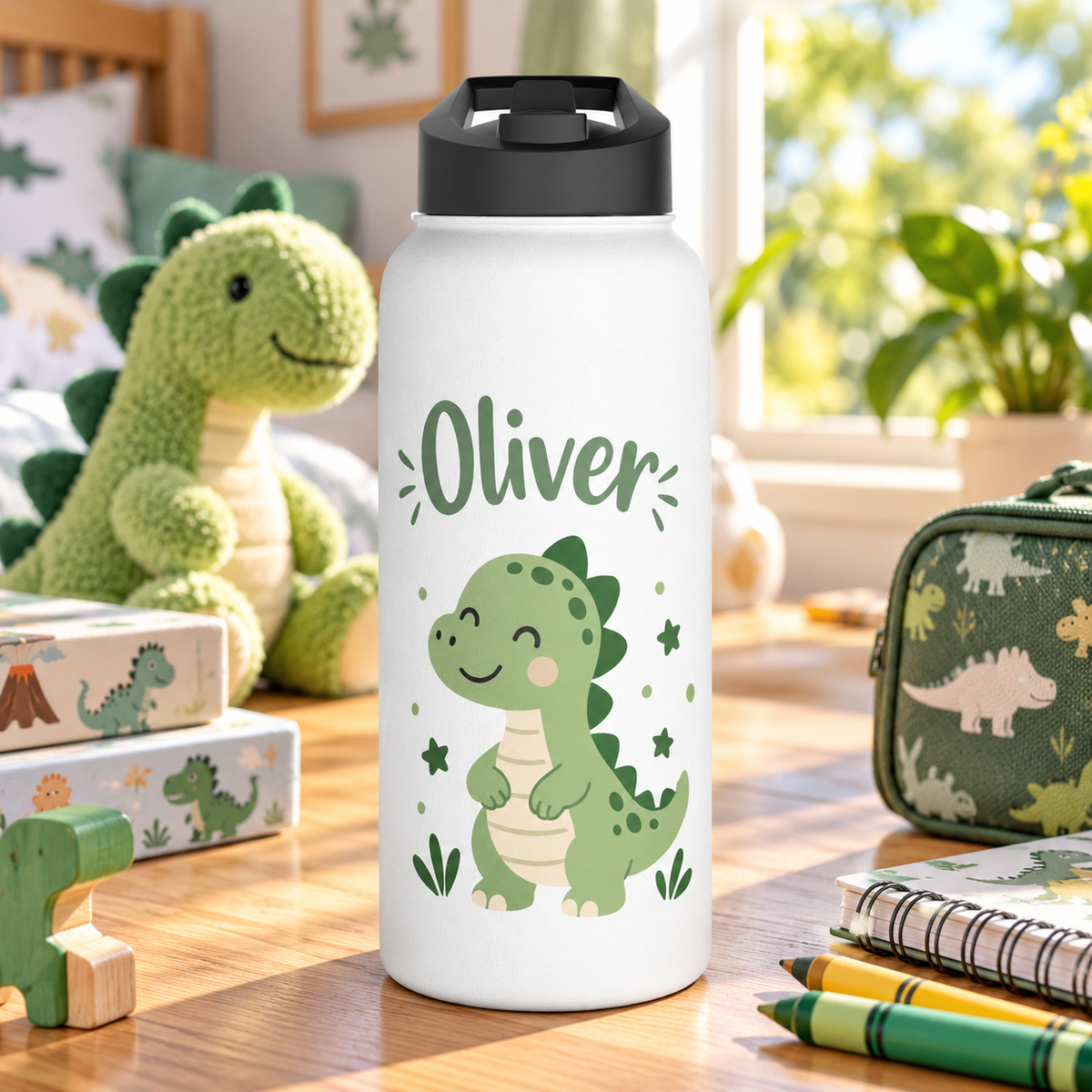 A white stainless steel water bottle with a black flip-top lid, printed with the sample name "Oliver" in green lettering above a smiling green dinosaur with dark green spikes, with small stars, dots and grass.