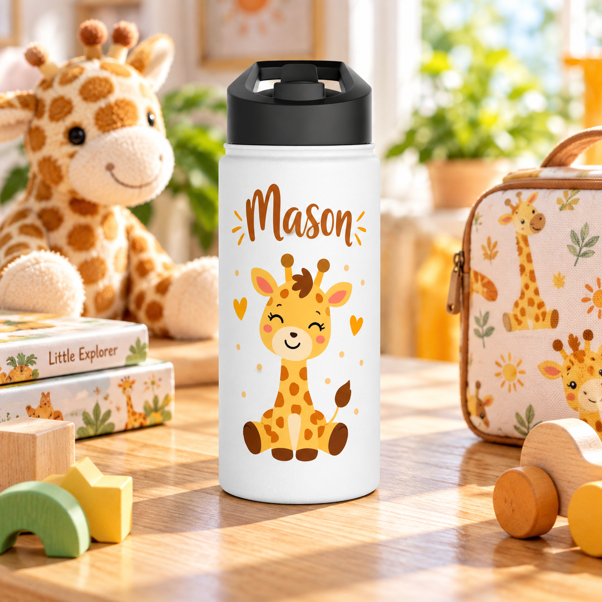 A white stainless steel water bottle with a black flip-top lid, printed with the sample name "Mason" in brown lettering above a smiling baby giraffe with brown spots, sitting among small yellow hearts and dots.