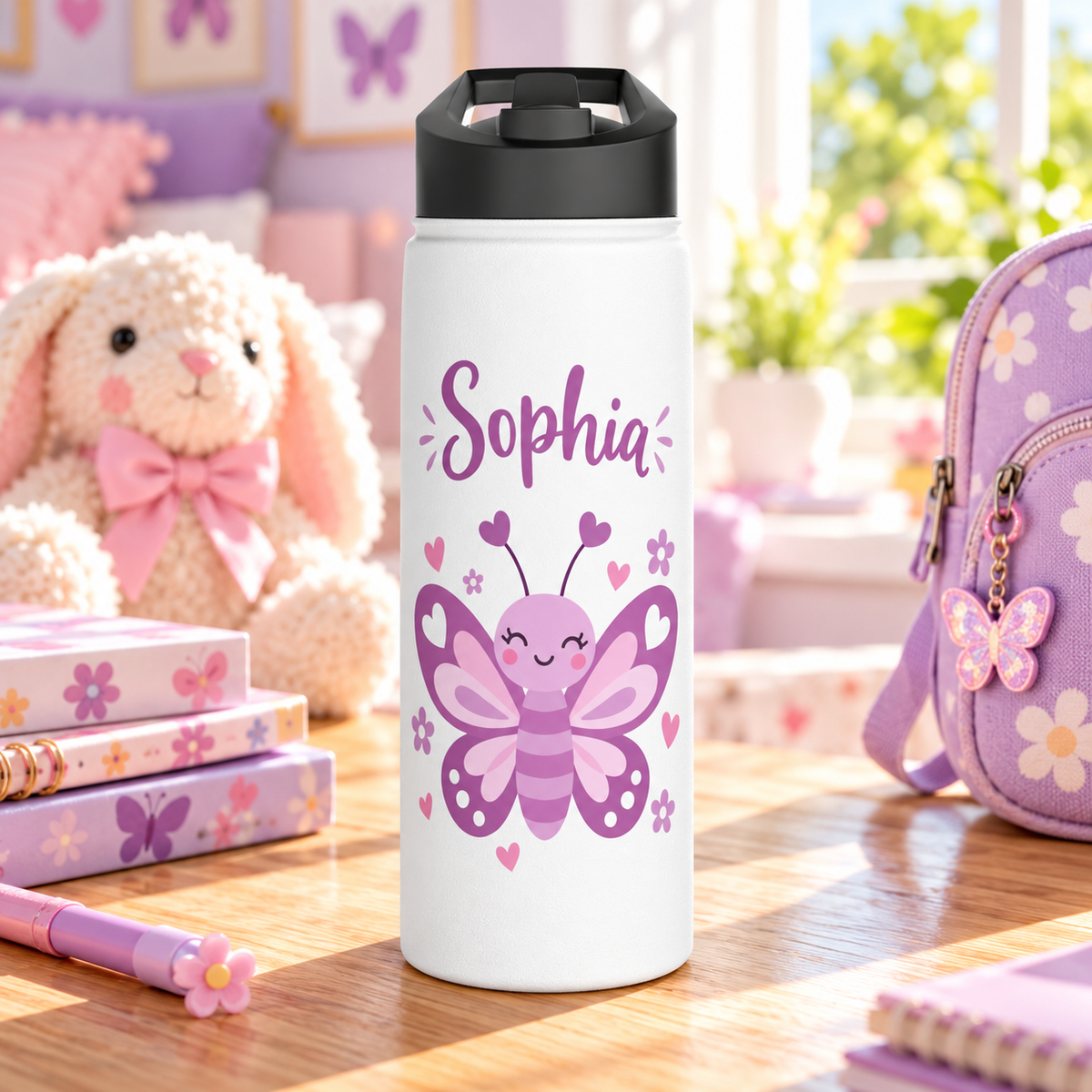 A white stainless steel water bottle with a black flip-top lid, printed with the sample name "Sophia" in purple script above a smiling purple and pink butterfly with heart antennae, surrounded by small pink hearts and flowers.