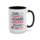 Stars and Stripes Coffee Mug, 4th of July Fireworks Gift for Hostess, America the Beautiful Since 1776 Patriotic Ceramic Tea Cup