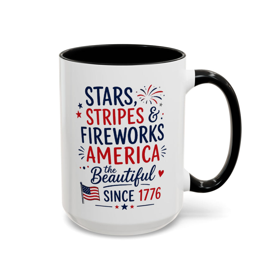 Stars and Stripes Coffee Mug, 4th of July Fireworks Gift for Hostess, America the Beautiful Since 1776 Patriotic Ceramic Tea Cup
