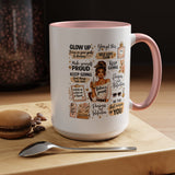 Glow Up Affirmations Coffee Mug, Girl Boss Self Care Gift for Her, Cute Messy Bun Aesthetic Motivational Ceramic Tea Cup with Pink Handle