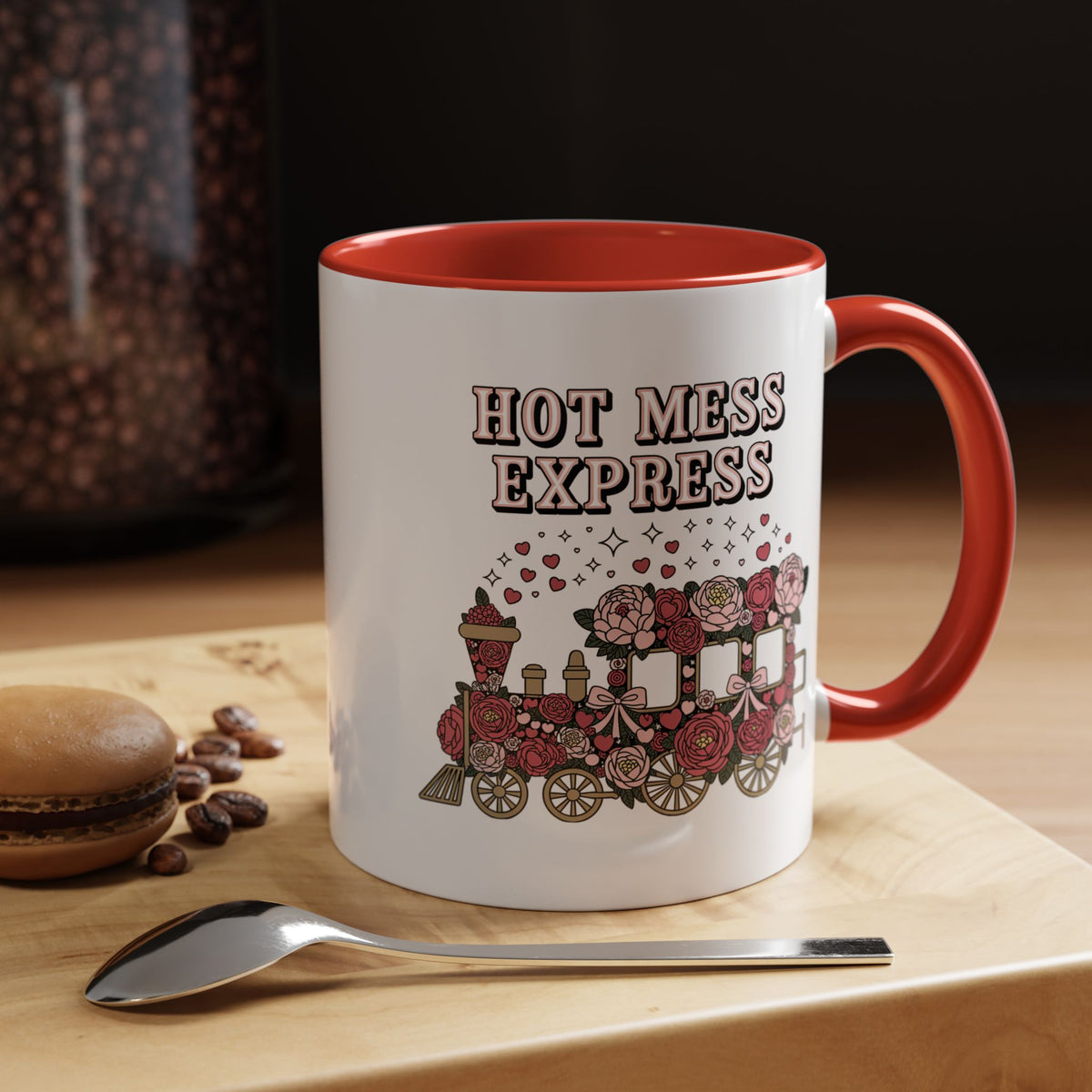 Hot Mess Express Coffee Mug, Pink Floral Train with Bows and Hearts, Funny Birthday Gift for a Busy Mom or Best Friend's Daily Coffee Break