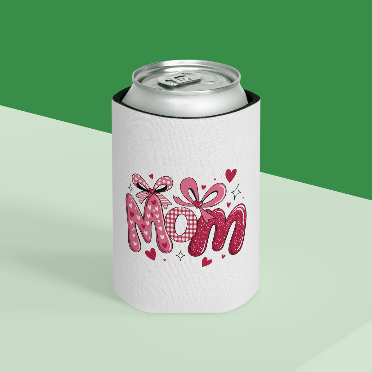 Mom Can Cooler, Mother's Day Drink Holder, Pink Bow Beverage Sleeve, Mom Gift for Her, Cute Beer Can Cozy, Floral Heart Drinkware