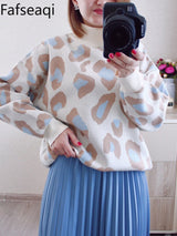 Winter Women's Sweater Leopard Print Animal Basic Thick Turtleneck Oversize Jumper Sotf Warm Knitted Sweaters for Womens