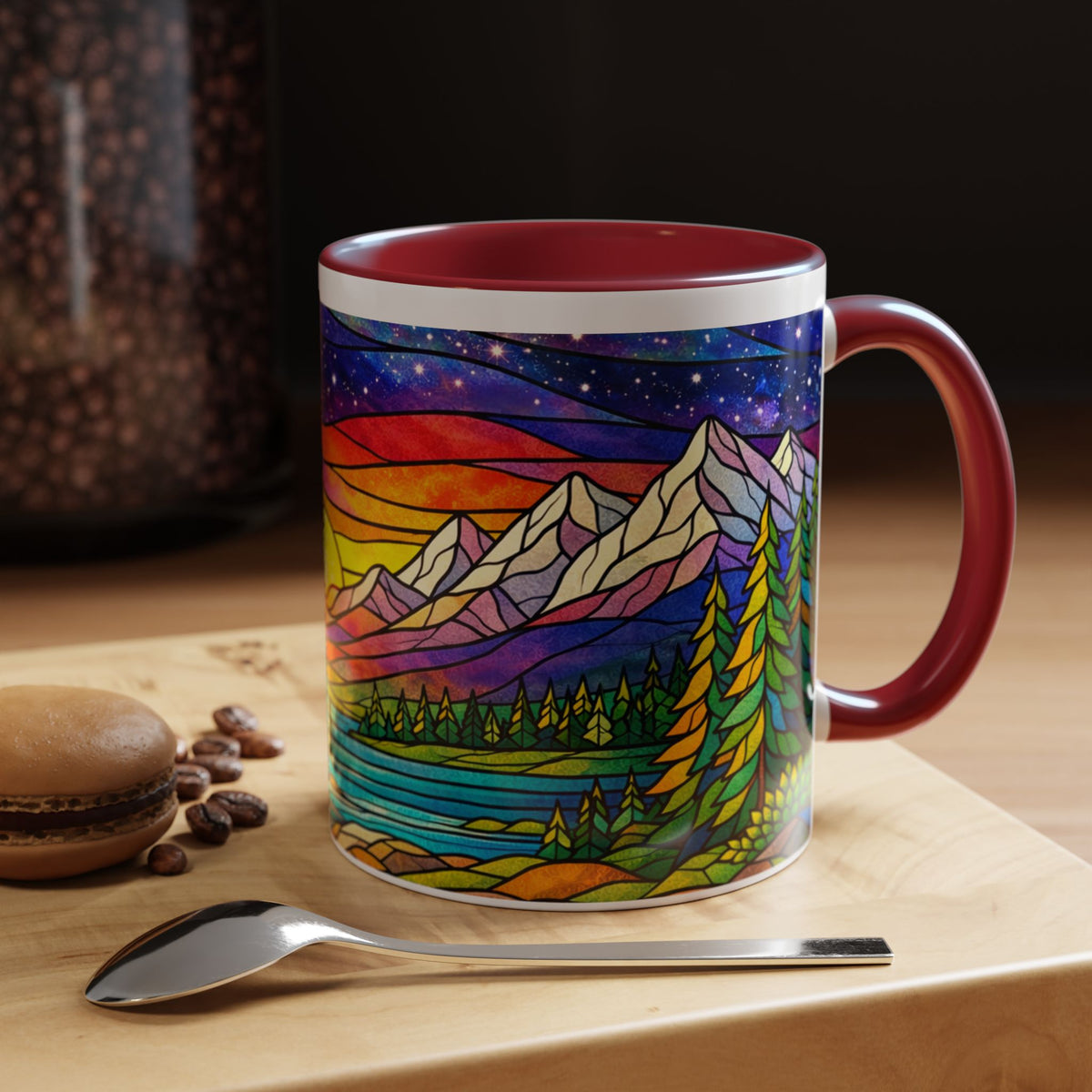 Colorful Sunset Landscape Mug, Stained Glass Nature Coffee Mug, Mountain Lake Art Mug, Outdoor Lover Gift, Scenic Ceramic Cup