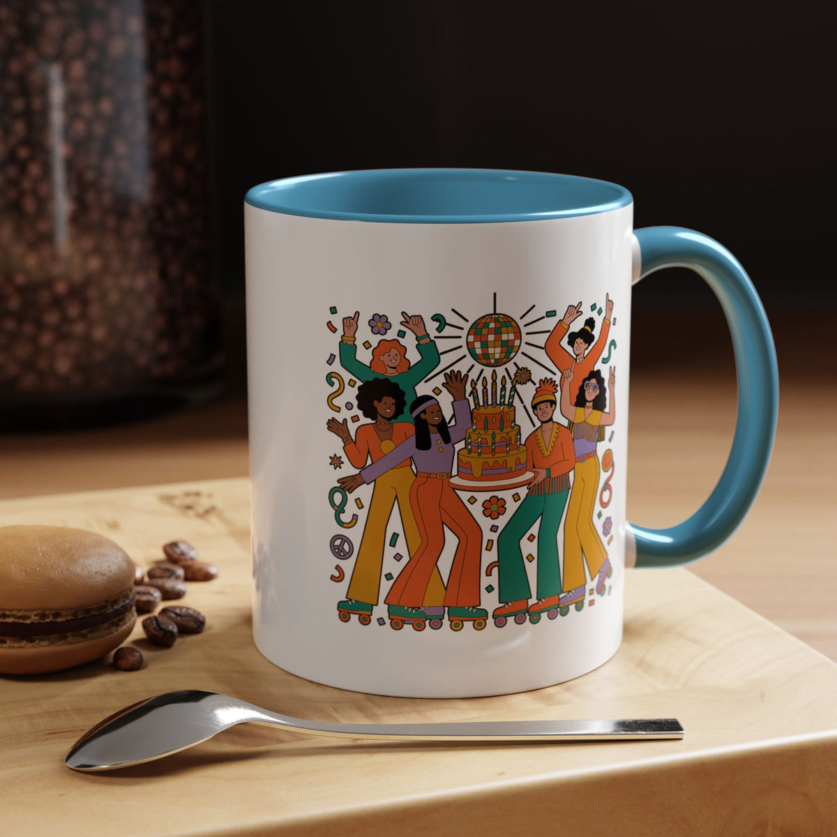 Retro Disco Birthday Coffee Mug, 70s Roller Skating Party Design, Groovy Gift for a Skater Friend Who Loves Colorful Nostalgic Drinkware