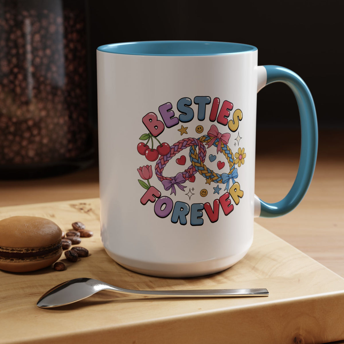 Best Friends Coffee Mug, Besties Forever Friendship Bracelet Design, Colorful Birthday Gift for a Best Friend or Long Distance Coffee Buddy