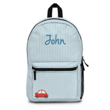Personalized Boys Backpack, Custom Name Blue Striped School Bag, Car Kids Backpack, Back to School Book Bag, Preschool Gift