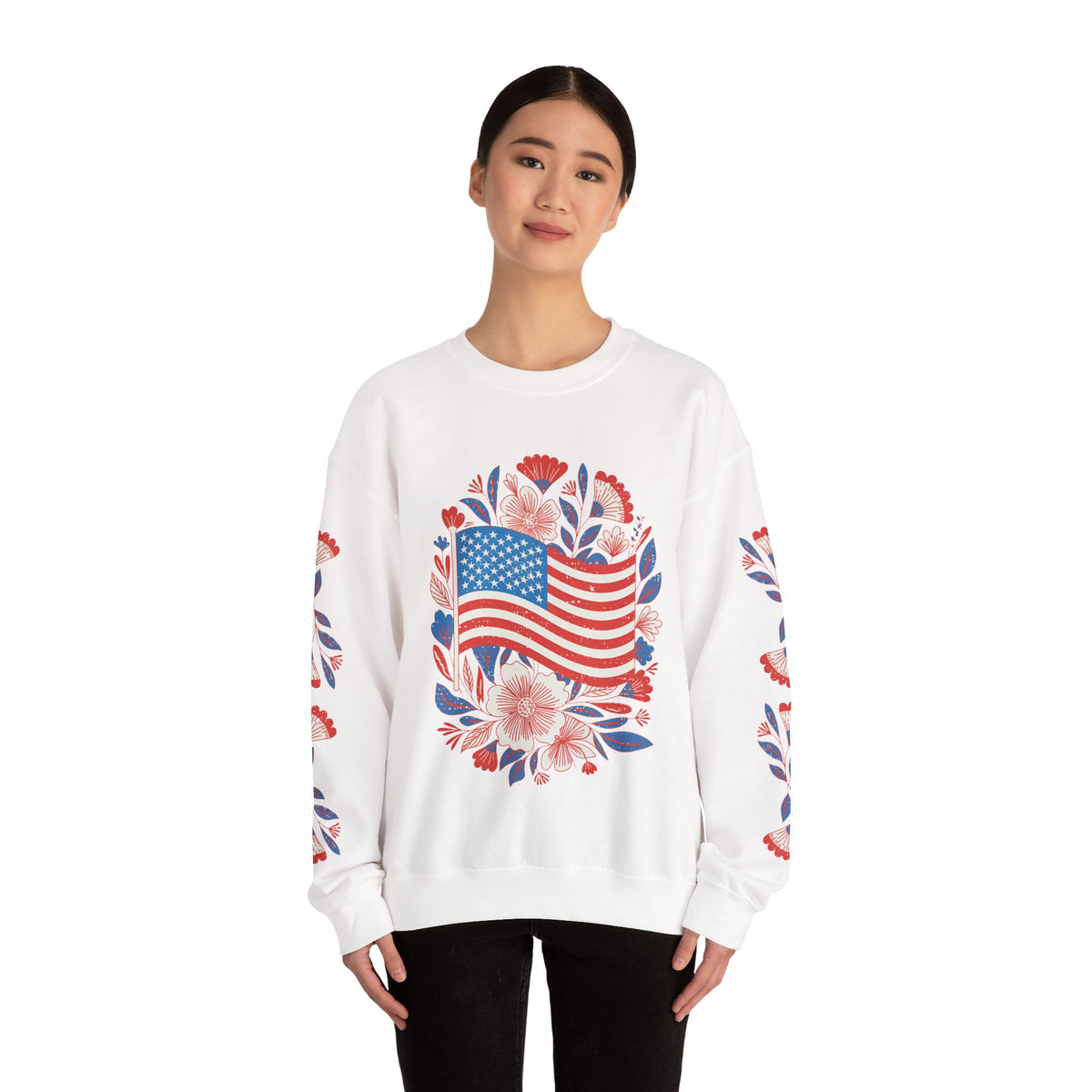 Floral American Flag Sweatshirt, Patriotic USA Pullover, Red White Blue Flower Top, Fourth of July Outfit, Americana Gift for Women