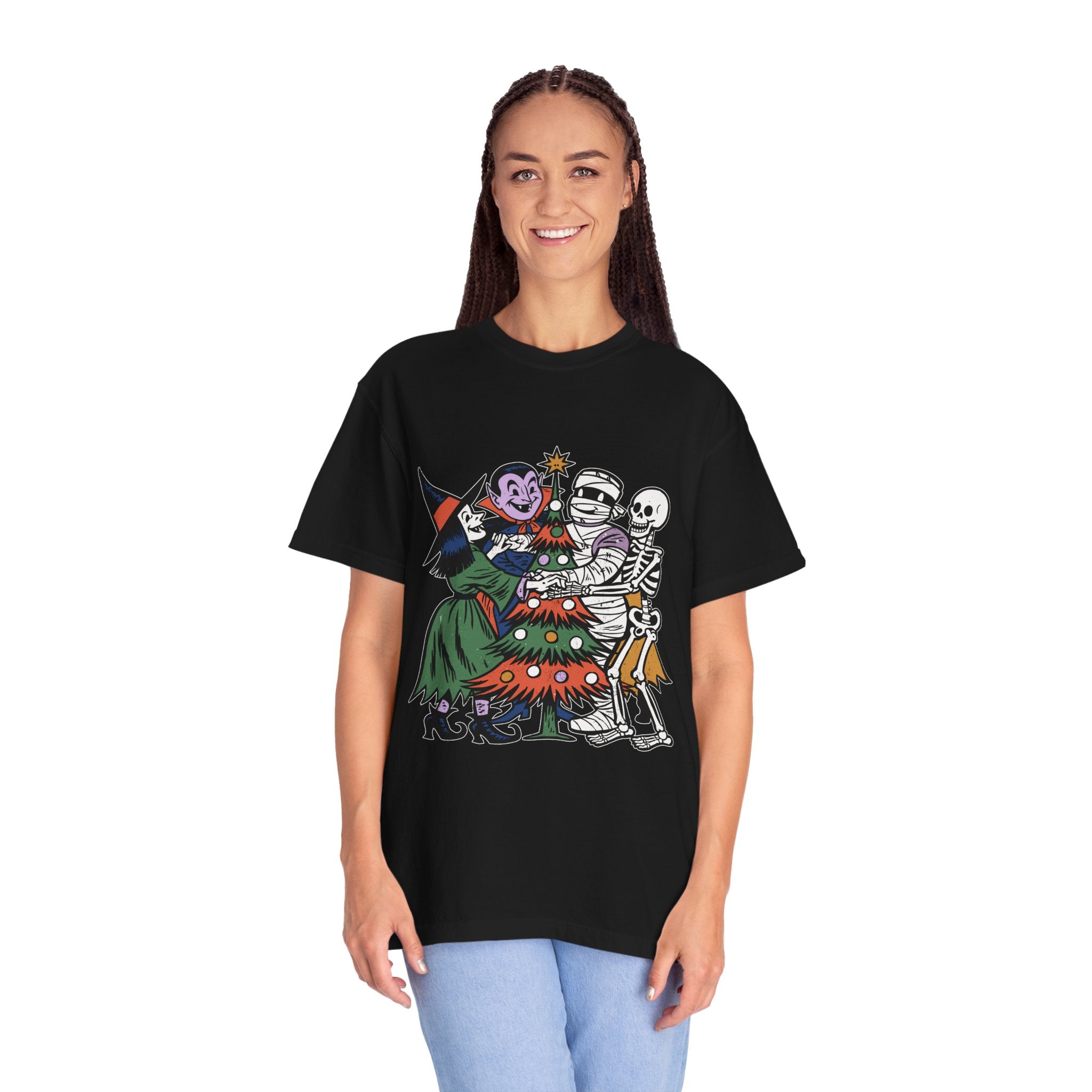 Spooky Christmas Shirt, Halloween Holiday Mashup T-Shirt, Witch Vampire Mummy and Skeleton Tree Tee, Gothic Christmas Gift for Horror Fan