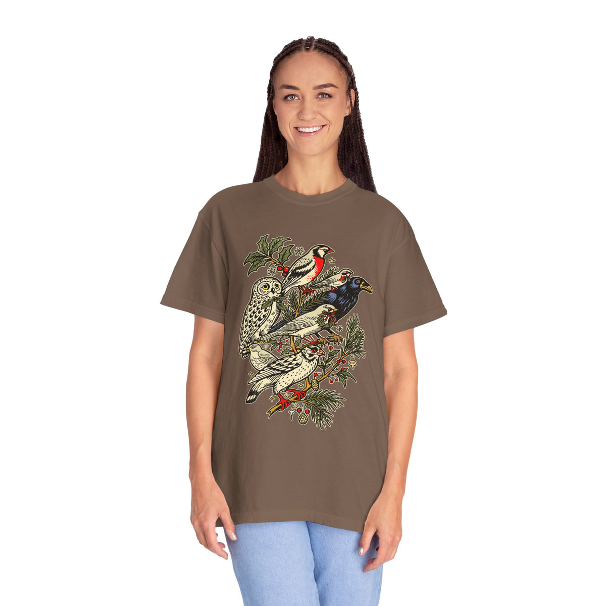 Winter Birds Graphic Shirt, Vintage Woodland T-Shirt for Bird Lovers, Festive Nature Tee, Cozy Christmas Gift for Birdwatchers and Moms