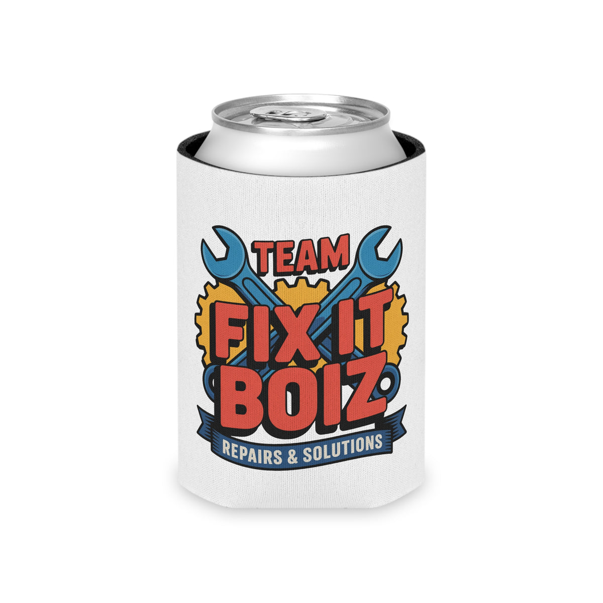 Mechanic Can Cooler, Team Fix It Boiz Wrench and Gear Design, Workshop Drink Holder, Handyman Gift for Dad or a Repair Crew Birthday