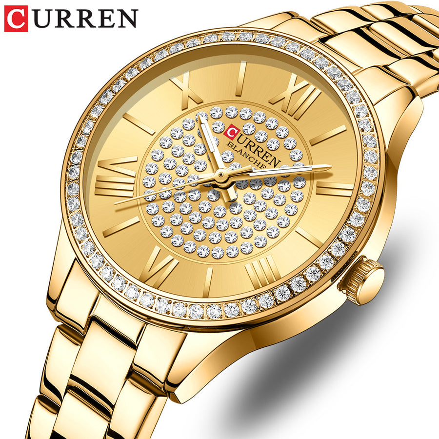 Ladies rose gold watch with crystal-set dial and stainless steel bracelet