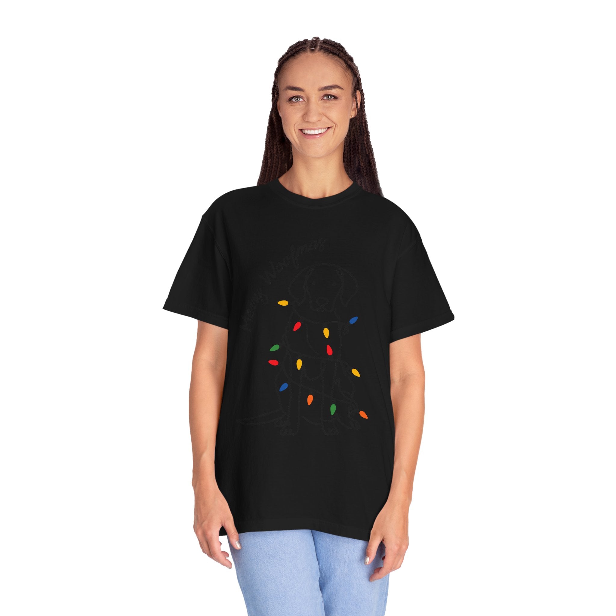 Merry Woofmas Dog Shirt, Funny Christmas Puppy T-Shirt, Holiday Lights Pet Lover Tee, Cute Gift for Dog Mom, Dog Dad or Family Party