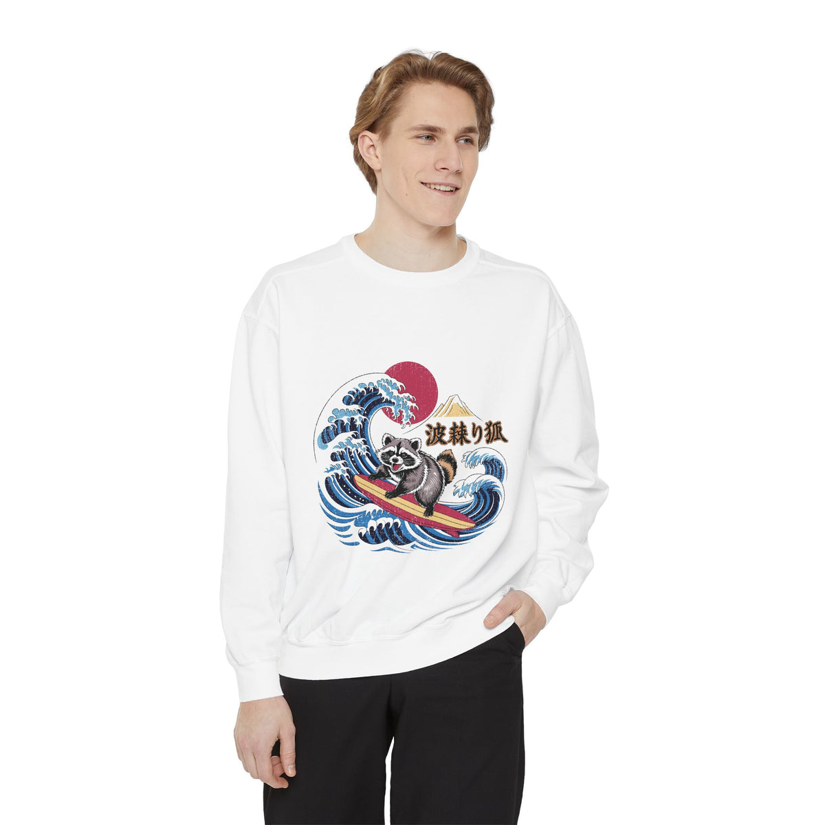 Japanese Surfing Raccoon Sweatshirt, Retro Wave Graphic Crewneck, Funny Animal Surfer Gift, Japan Inspired Beachwear Cozy Pullover