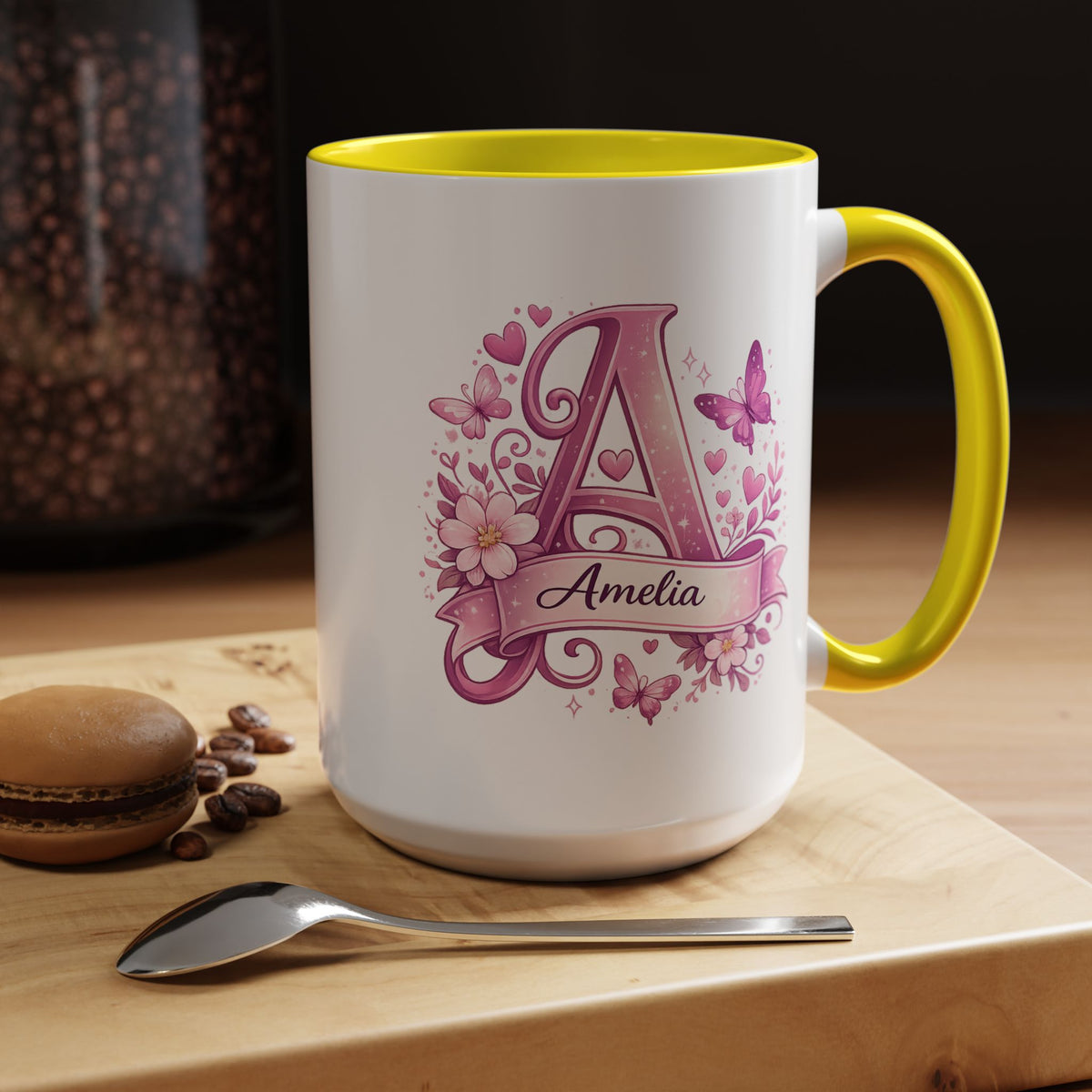 Personalized Butterfly Initial Mug, Custom Name Coffee Mug for Girls and Women, Floral Monogram Cup, Pink Aesthetic Gift, Custom Letter Mug