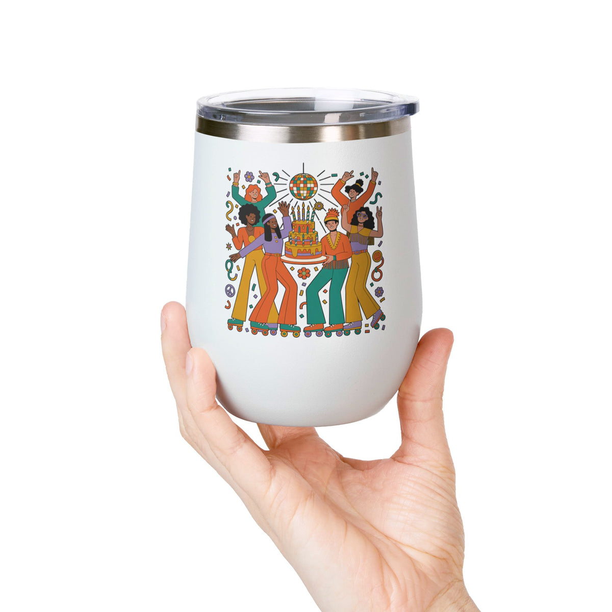 Retro Disco Birthday Wine Tumbler, 70s Roller Skating Party Design, Groovy Drinkware Gift for a Skater Friend Who Loves Vintage Aesthetics