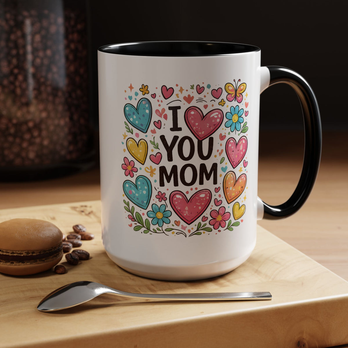 I Love You Mom Coffee Mug, Cute Birthday Gift for Mother, Colorful Hearts and Flowers Ceramic Tea Cup with Blue Handle, Mother's Day Mug