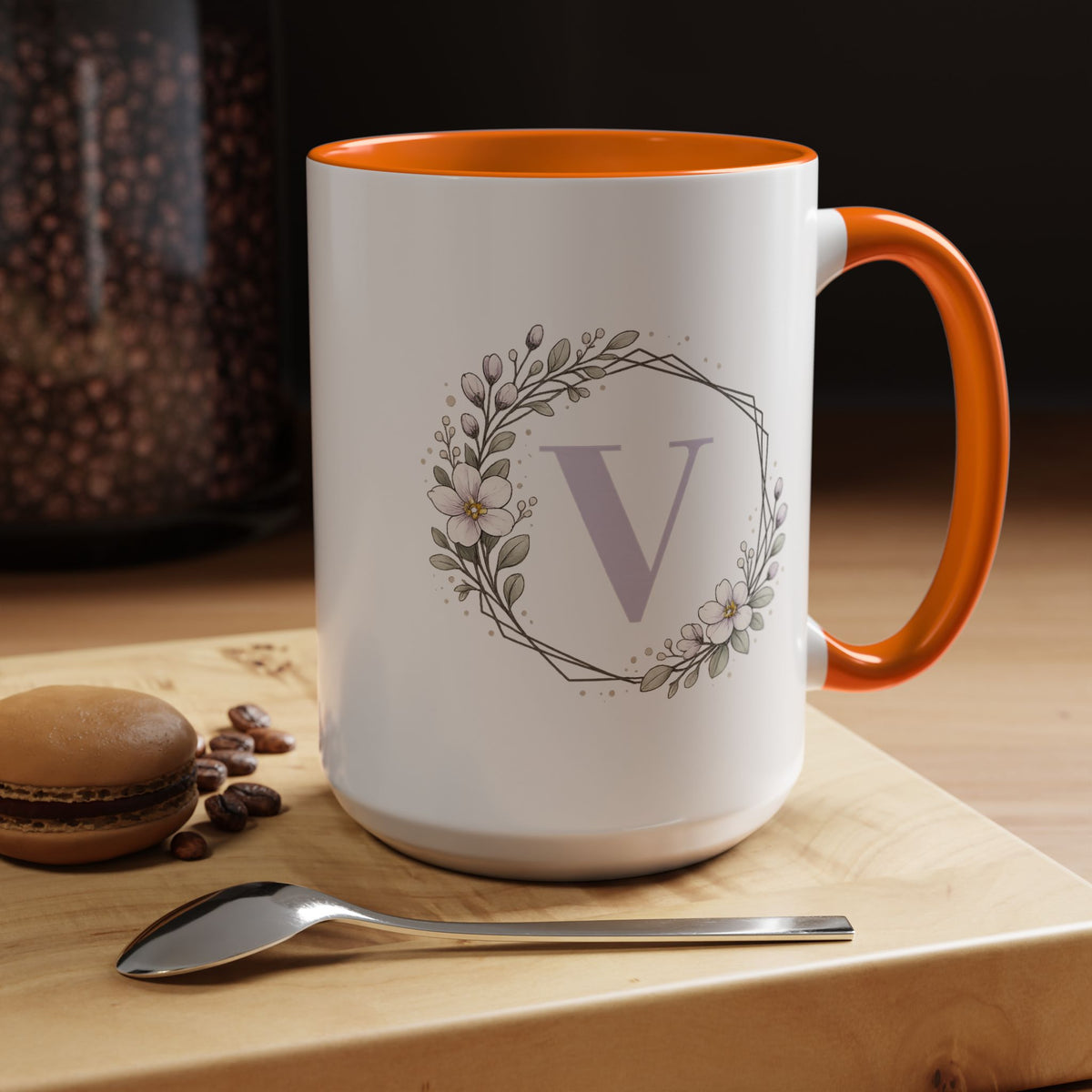 Letter V Monogram Mug, Floral Initial Coffee Mug for Women, Botanical Alphabet Cup, Minimalist Monogram Gift, Personalized Letter Mug