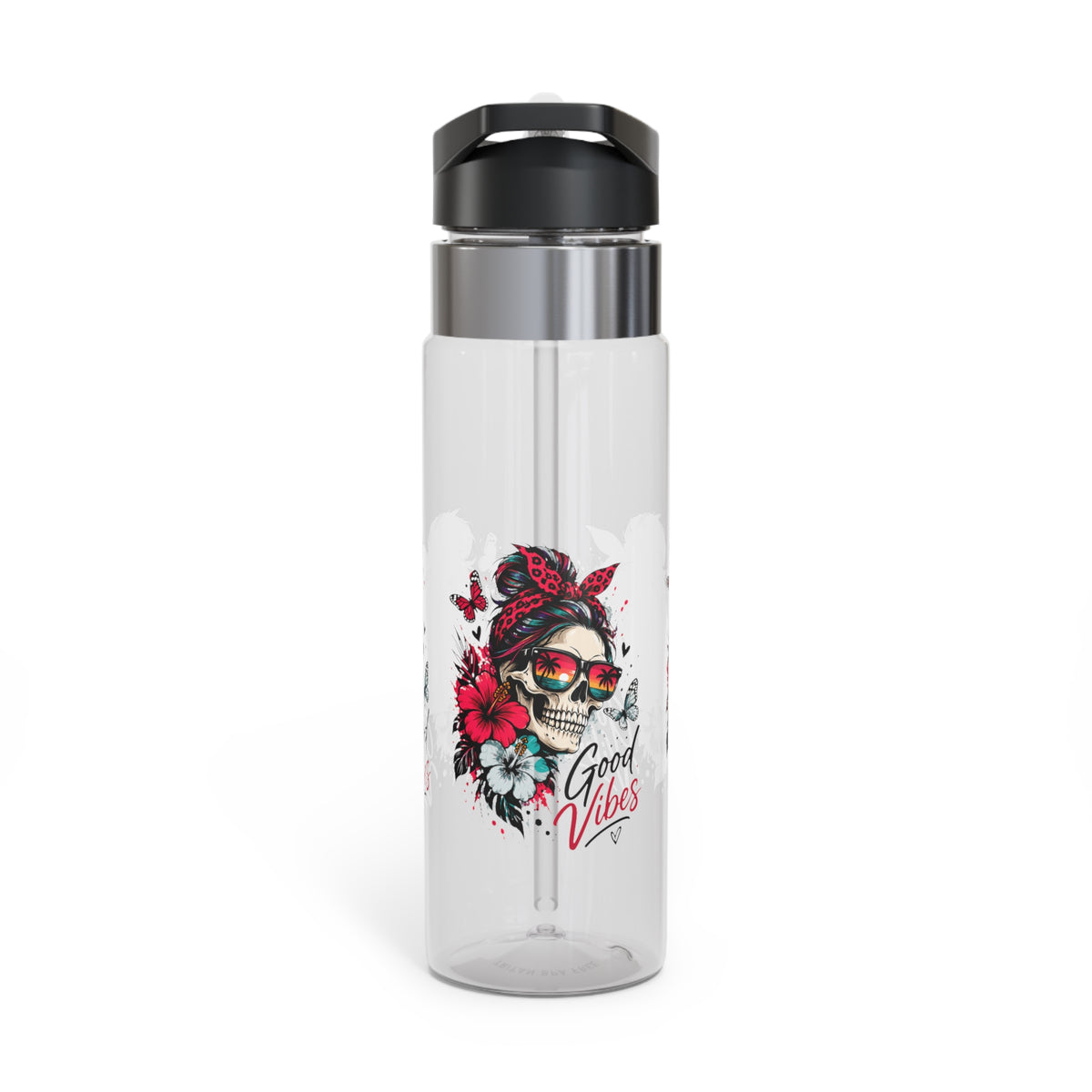Good Vibes Water Bottle for Women, Tropical Skull Floral Drink Bottle, Retro Beach Lover Gift, Colorful Summer Gift for Her