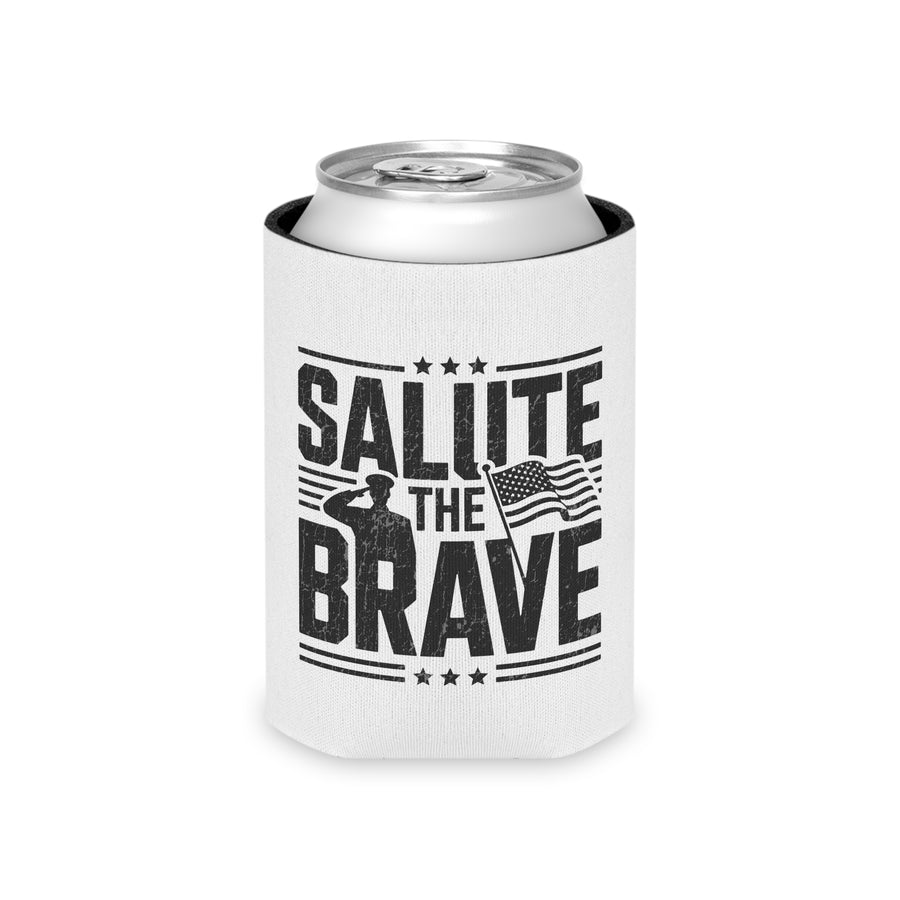 A white can cooler on a drink can, printed with "SALUTE THE BRAVE" in distressed black lettering with a saluting soldier silhouette and an American flag.