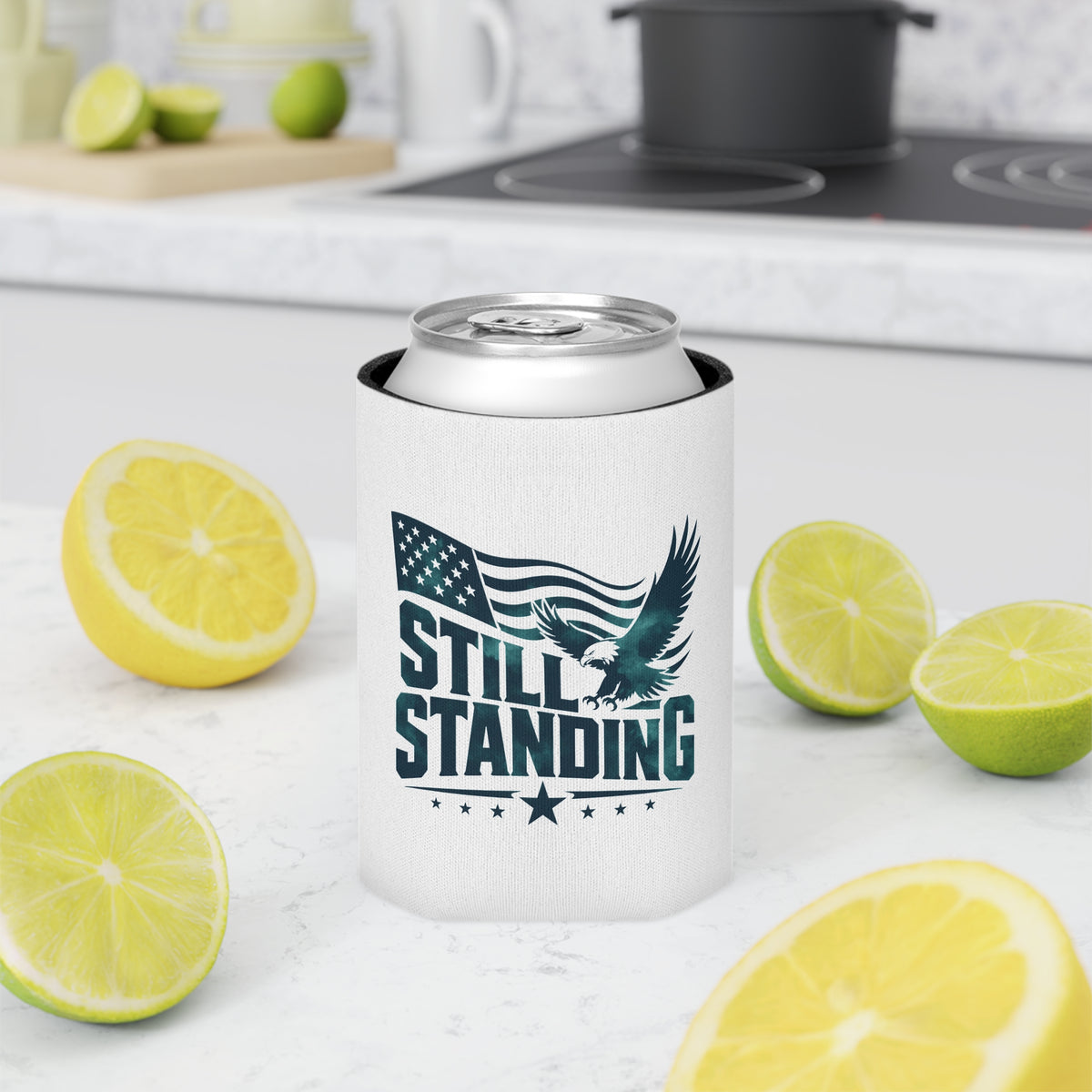 Still Standing Can Cooler, Patriotic Eagle Drink Holder, American Flag Beverage Sleeve, USA Pride Gift, Veteran Gift, Patriotic Party Favor